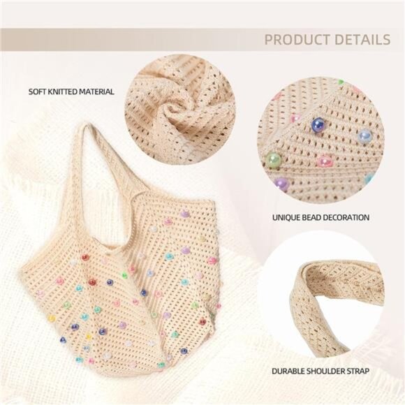 Boho Crochet Beach Tote Bag for Women, Beige - Picture 3 of 5